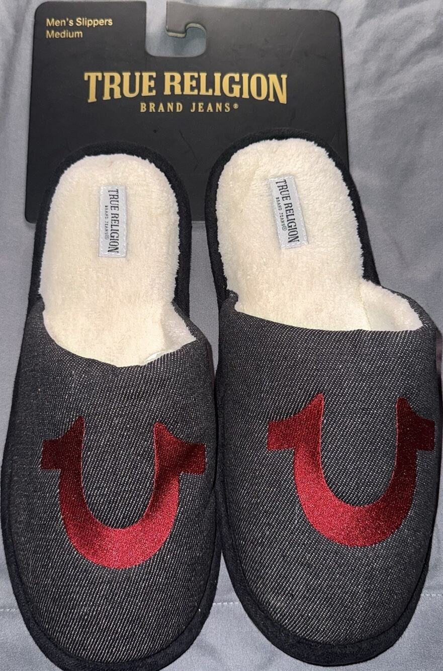 True Religion Men's Slip-On Comfort Denim Slippers Black Red Logo Size 9-10